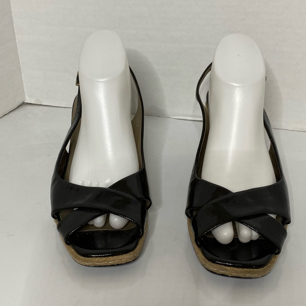 Cole Haan Black Patent Leather Espadrille Wedges Open Toe Sandals